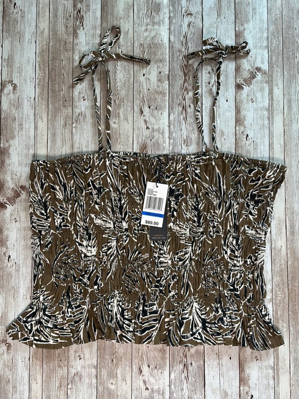 Habitual Shoulder Tie Shirred Smocked Top sz XL Brown Black White Linen Rayon